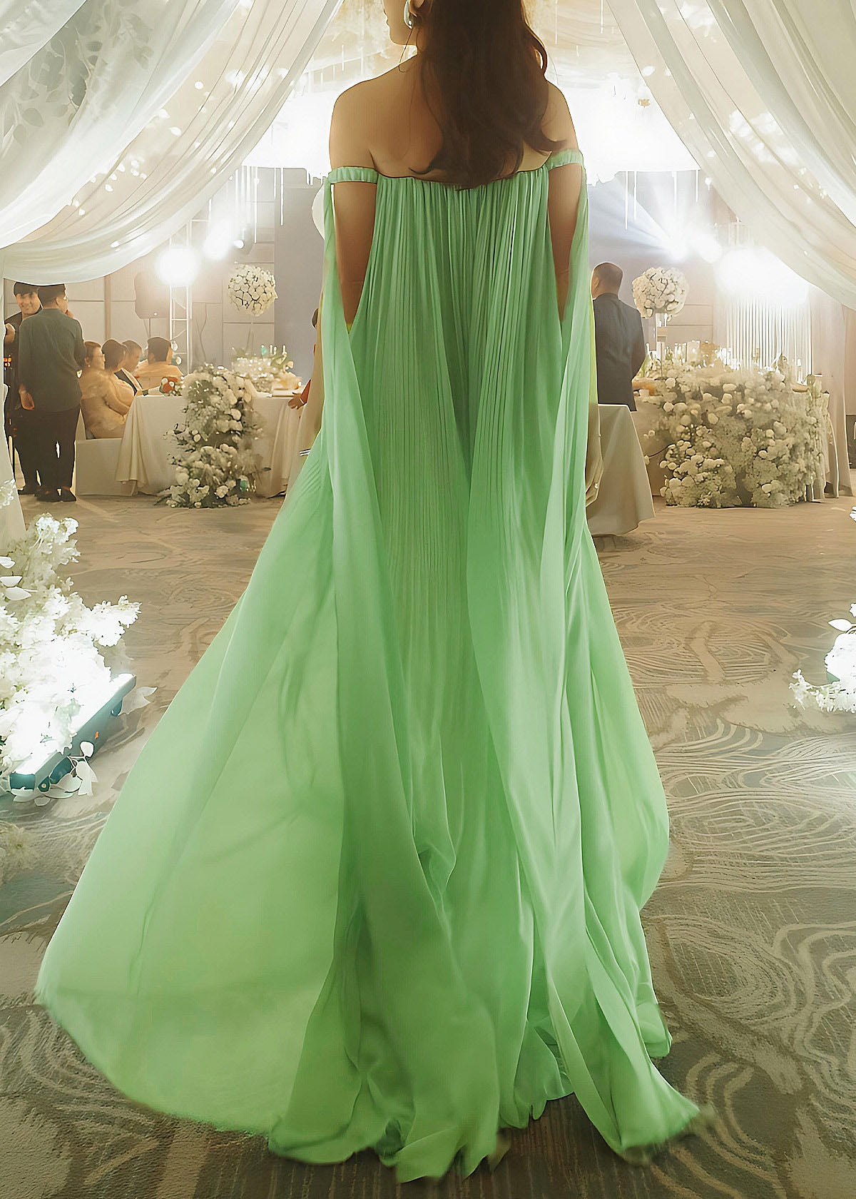 Unique Green Floral Wrinkled Chiffon Long Dress Sleeveless