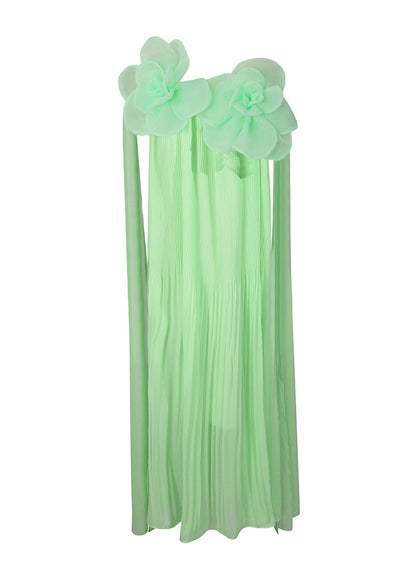 Unique Green Floral Wrinkled Chiffon Long Dress Sleeveless