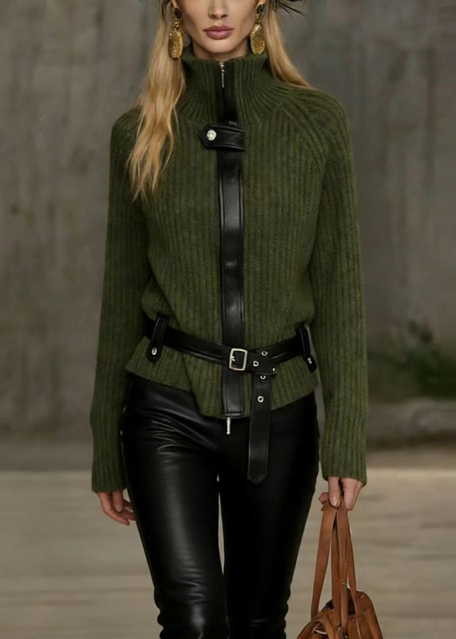 Unique Green Hign Neck Patchwork Knit Sweater Top Spring