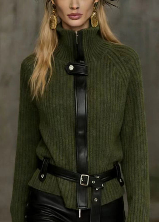 Unique Green Hign Neck Patchwork Knit Sweater Top Spring