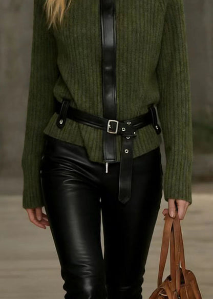 Unique Green Hign Neck Patchwork Knit Sweater Top Spring