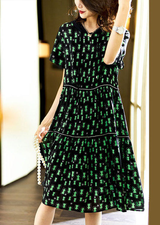 Unique Green Hooded Print Patchwork Chiffon Dresses Summer