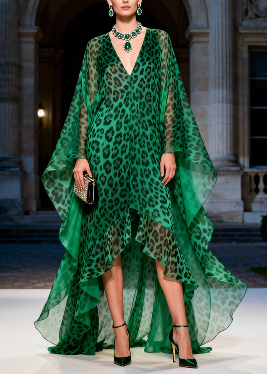 Unique Green Leopard V Neck Ruffled Patchwork Chiffon Long Dress Summer