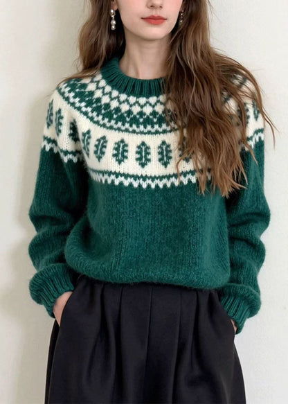 Unique Green O Neck Jacquard Thick Knit Sweater Winter