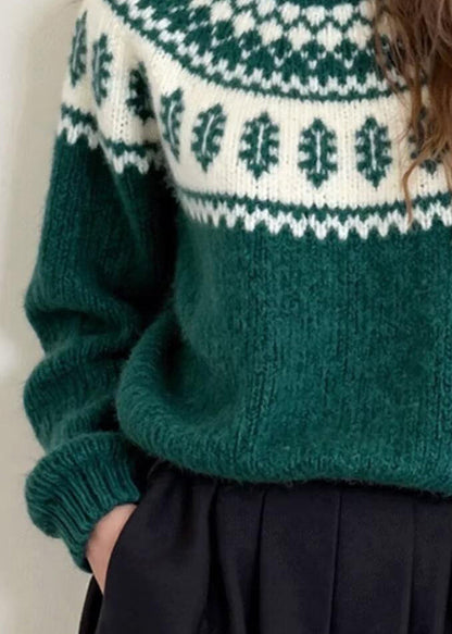 Unique Green O Neck Jacquard Thick Knit Sweater Winter
