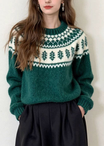 Unique Green O Neck Jacquard Thick Knit Sweater Winter