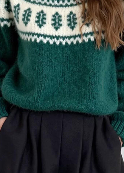 Unique Green O Neck Jacquard Thick Knit Sweater Winter