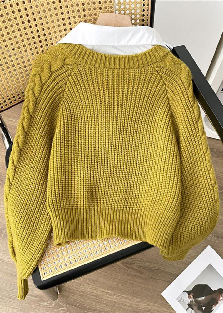 Unique Green Peter Pan Collar False Two Pieces Knit Top Spring