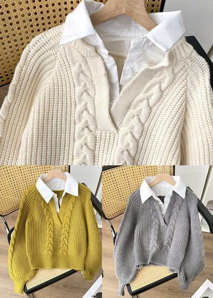 Unique Green Peter Pan Collar False Two Pieces Knit Top Spring