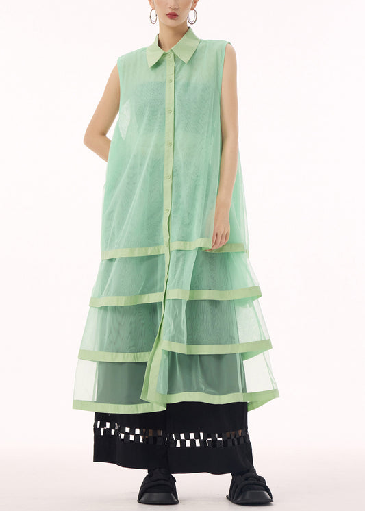 Unique Green Peter Pan Collar Tulle Patchwork Cotton Maxi Dresses Summer