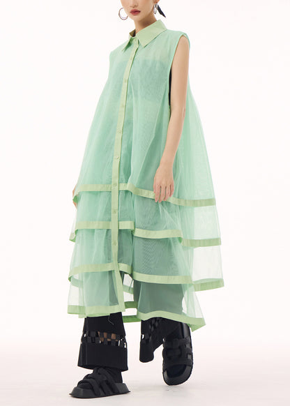 Unique Green Peter Pan Collar Tulle Patchwork Cotton Maxi Dresses Summer
