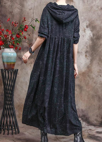 Unique Dark Green Print Outfit Hoodie Dress Asymmetric Maxi Dress - SooLinen
