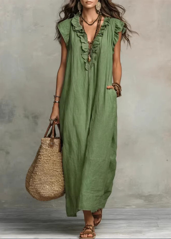 Unique Green Ruffled Patchwork Cotton Maxi Dress Summer