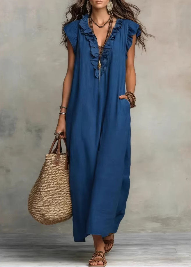 Unique Green Ruffled Patchwork Cotton Maxi Dress Summer
