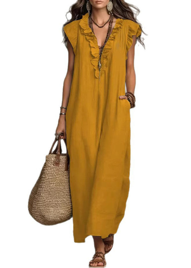 Unique Green Ruffled Patchwork Cotton Maxi Dress Summer