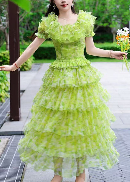 Unique Green Ruffled Print Tulle Two Pieces Set Summer