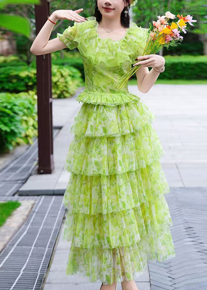 Unique Green Ruffled Print Tulle Two Pieces Set Summer