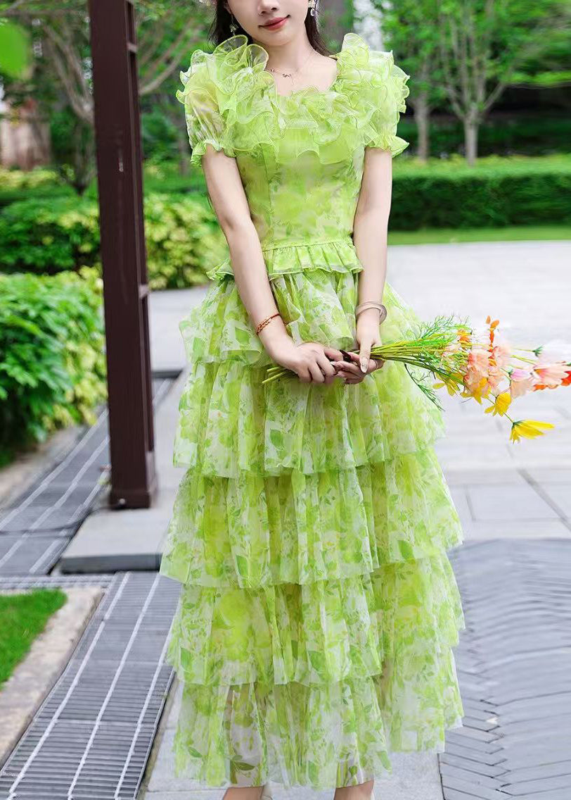 Unique Green Ruffled Print Tulle Two Pieces Set Summer