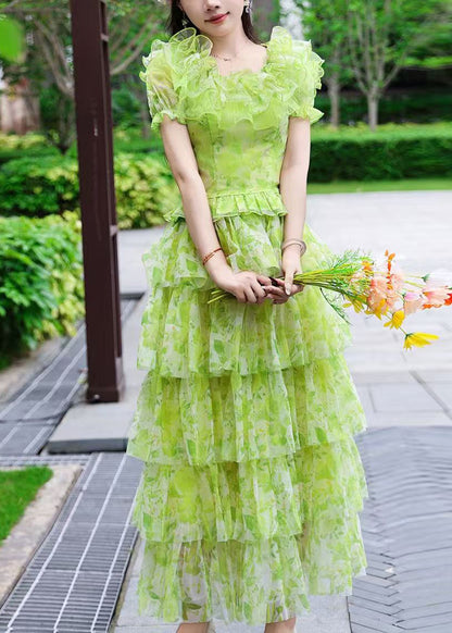 Unique Green Ruffled Print Tulle Two Pieces Set Summer