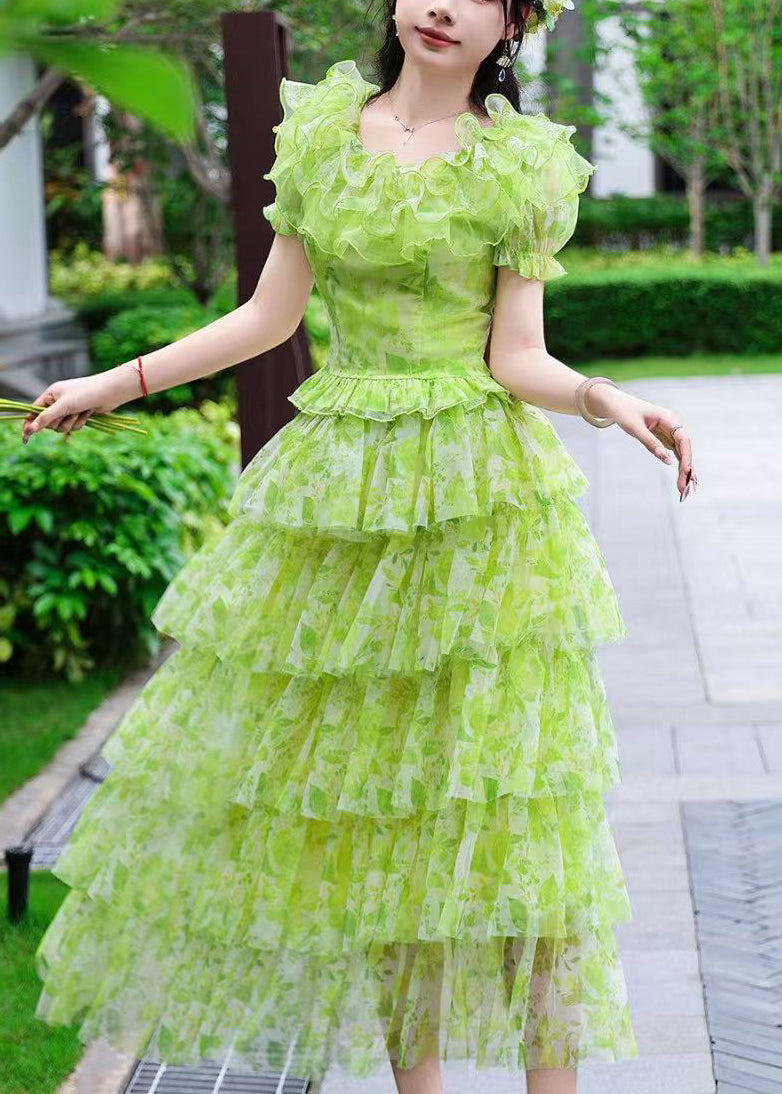 Unique Green Ruffled Print Tulle Two Pieces Set Summer