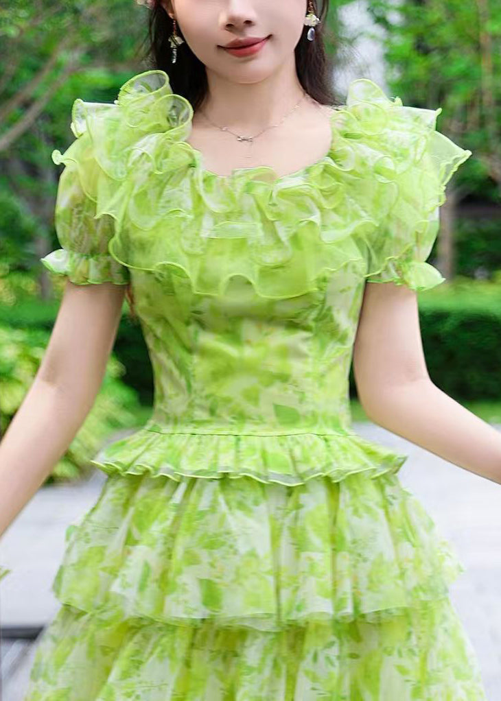 Unique Green Ruffled Print Tulle Two Pieces Set Summer