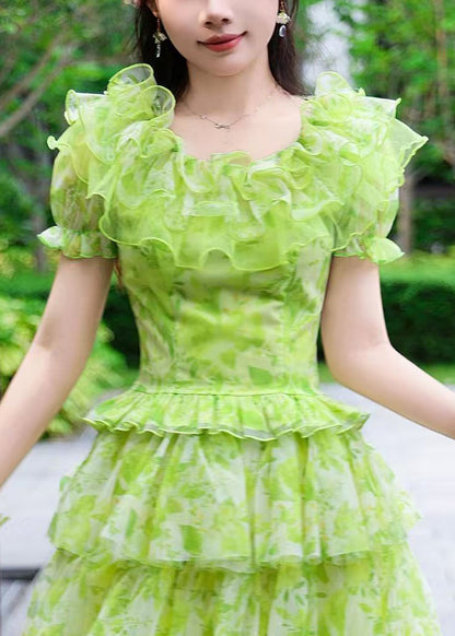 Unique Green Ruffled Print Tulle Two Pieces Set Summer