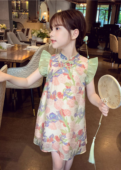 Unique Green Stand Collar Print Button Girls Mid Dresses Sleeveless