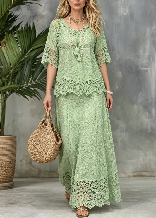 Unique Green Tops And Skirts Hollow Out Lace Two Pieces Set Summer