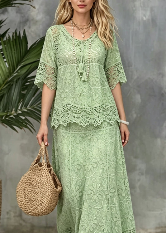 Unique Green Tops And Skirts Hollow Out Lace Two Pieces Set Summer