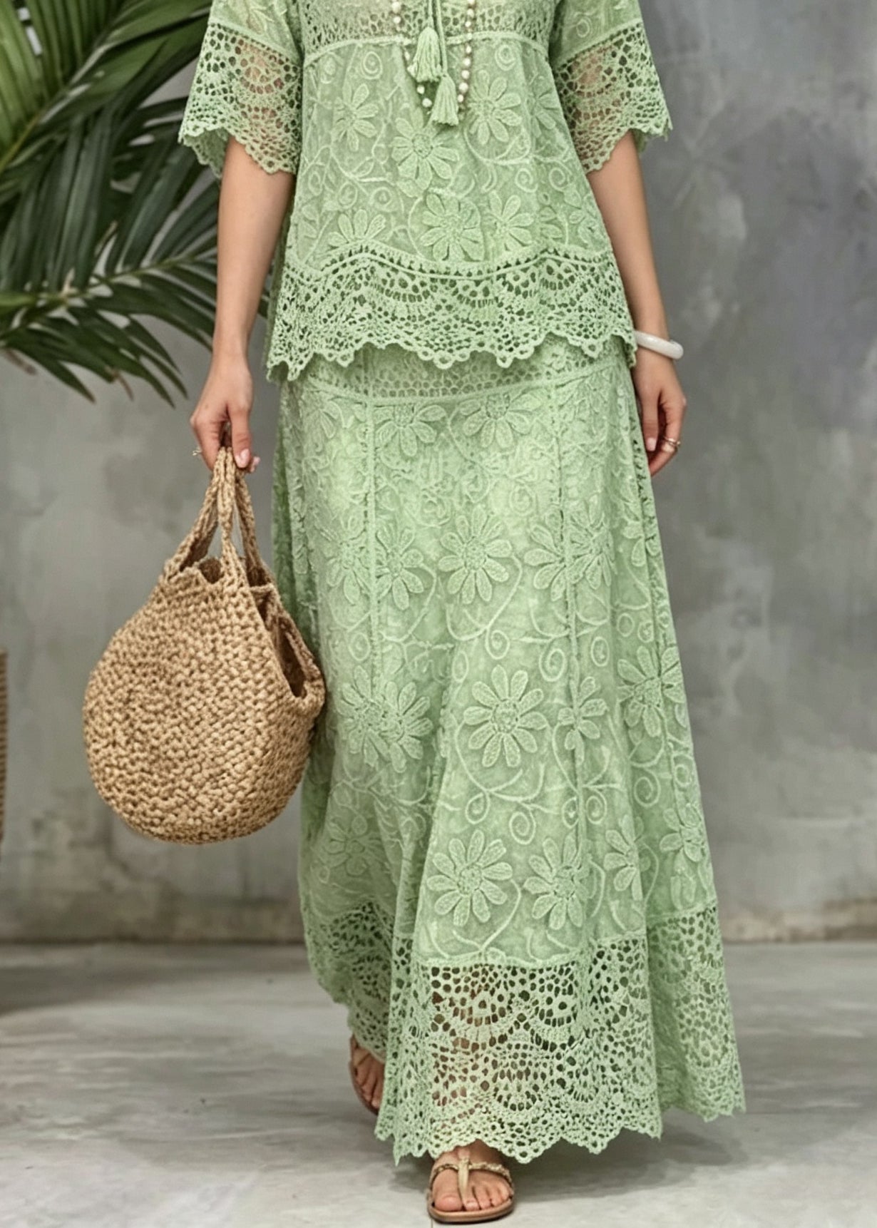 Unique Green Tops And Skirts Hollow Out Lace Two Pieces Set Summer