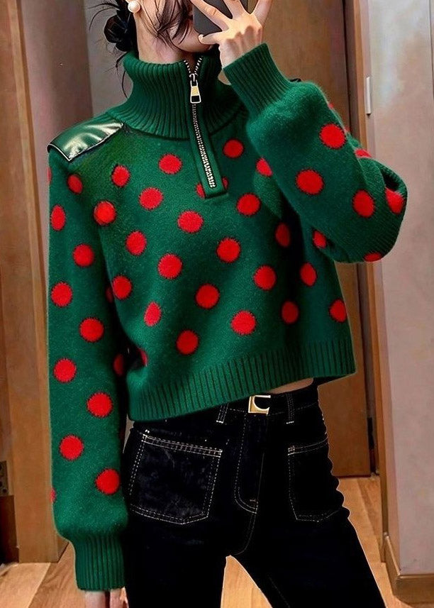 Unique Green Turtleneck Dot Print Cotton Knit Sweater Long Sleeve