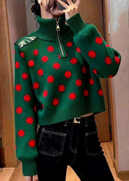 Unique Green Turtleneck Dot Print Cotton Knit Sweater Long Sleeve