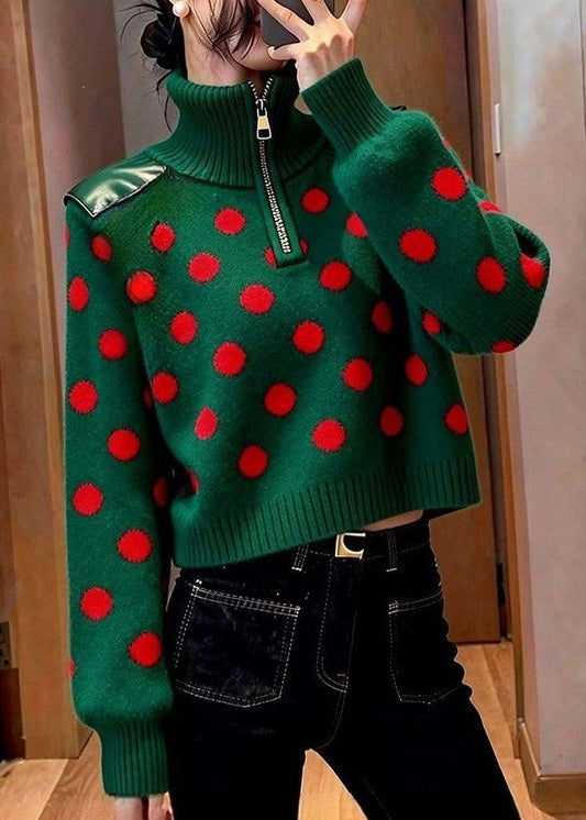 Unique Green Turtleneck Dot Print Cotton Knit Sweater Long Sleeve