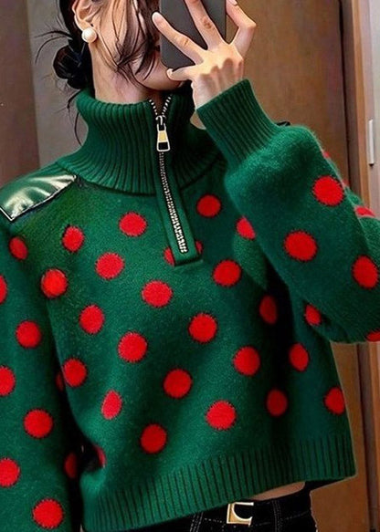 Unique Green Turtleneck Dot Print Cotton Knit Sweater Long Sleeve