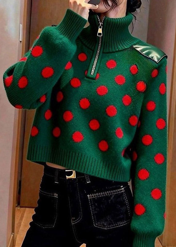 Unique Green Turtleneck Dot Print Cotton Knit Sweater Long Sleeve