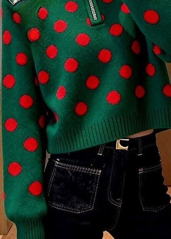 Unique Green Turtleneck Dot Print Cotton Knit Sweater Long Sleeve