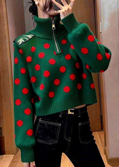 Unique Green Turtleneck Dot Print Cotton Knit Sweater Long Sleeve