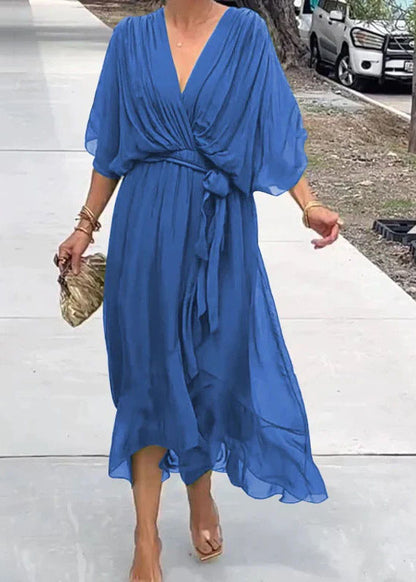 Unique Green V Neck Asymmetrical Design Chiffon Dresses Batwing Sleeve