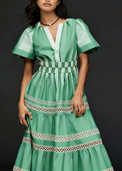 Unique Green V Neck Hollow Out Patchwork Cotton Long Dresses Summer