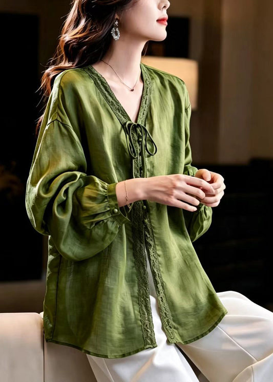 Unique Green V Neck Lace Up Shirt Top Lantern Sleeve