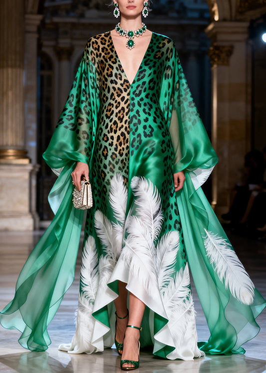 Unique Green V Neck Leopard Feather Print Silk Long Dress Summer