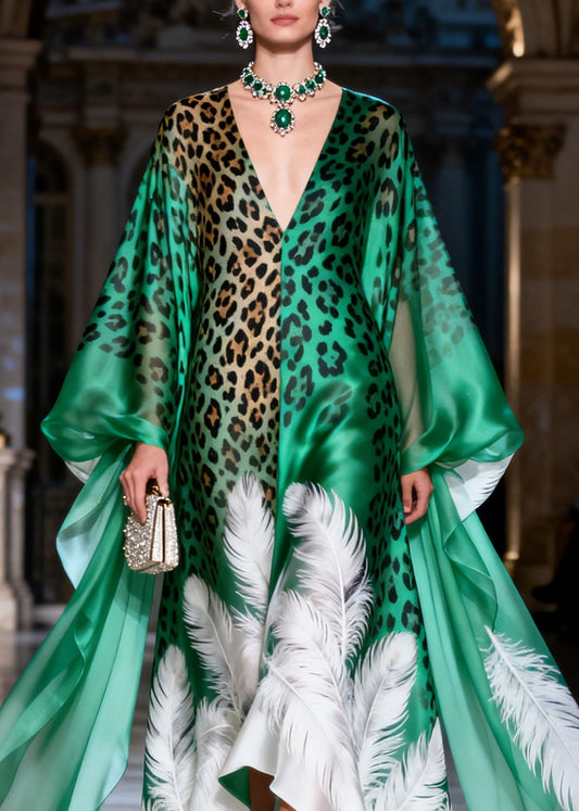 Unique Green V Neck Leopard Feather Print Silk Long Dress Summer