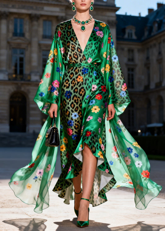 Unique Green V Neck Print Ruffled Patchwork Silk Ankle Dresses Summer