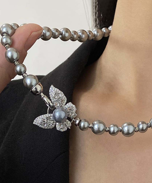 Unique Grey Alloy Zircon Butterfly Pendant Necklace