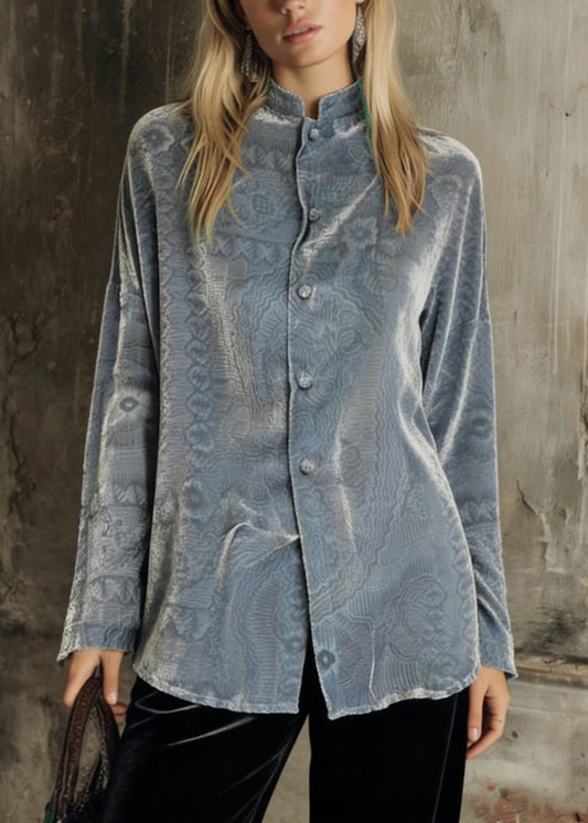Unique Grey Button Patchwork Silk Velour Shirts Long Sleeve