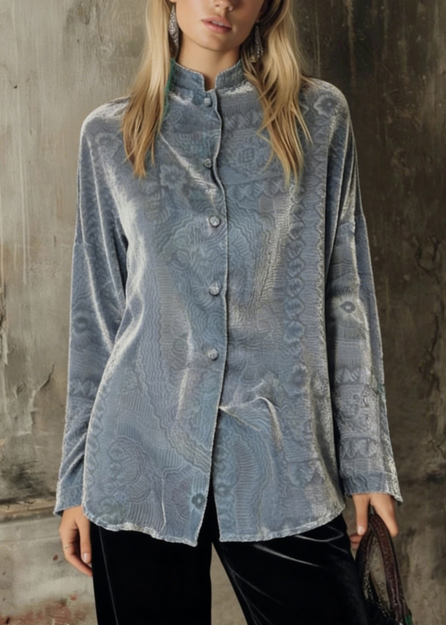 Unique Grey Button Patchwork Silk Velour Shirts Long Sleeve