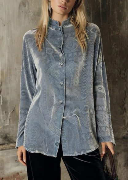 Unique Grey Button Patchwork Silk Velour Shirts Long Sleeve