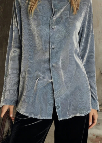 Unique Grey Button Patchwork Silk Velour Shirts Long Sleeve