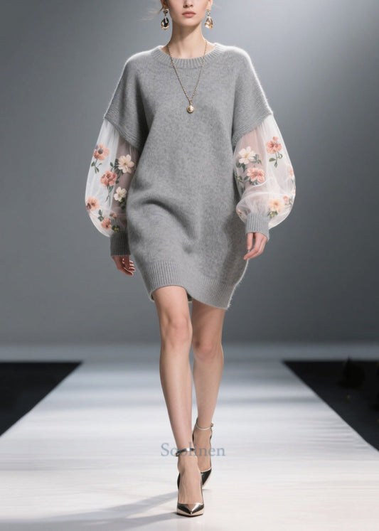 Unique Grey Daisy Patchwork Tulle Long Sweater Fall