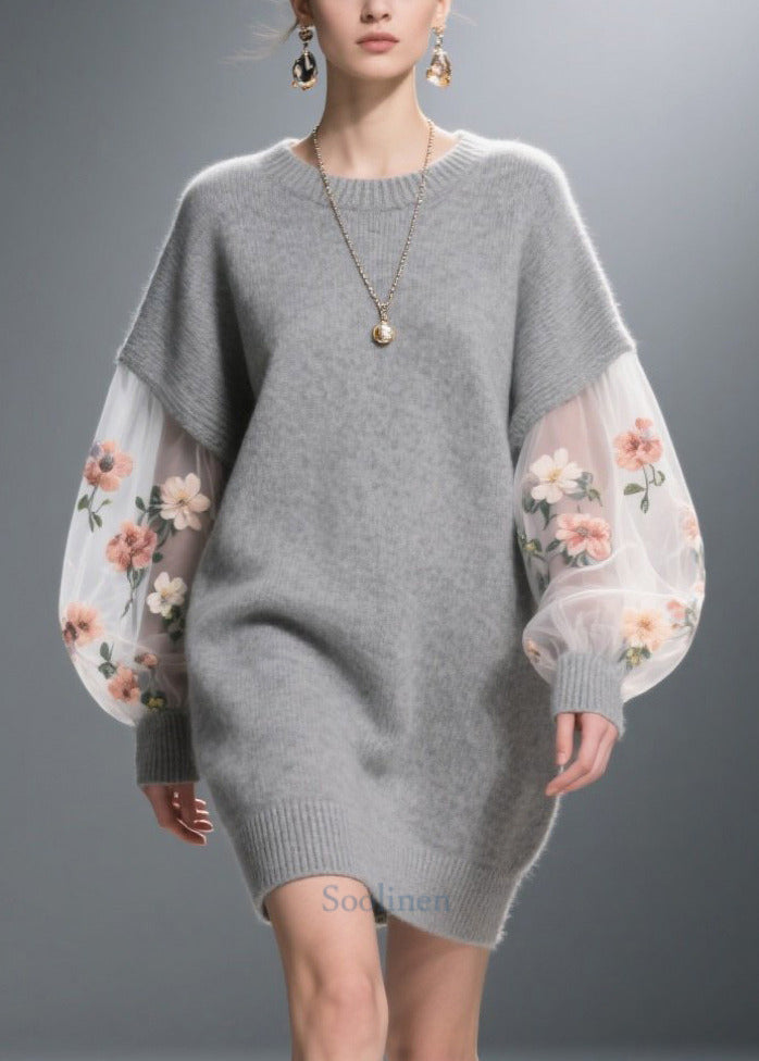 Unique Grey Daisy Patchwork Tulle Long Sweater Fall